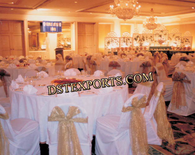 WEDDING CHAIR COVERS WITH GOLDEN TISSUE SASHA