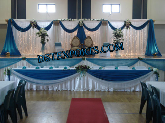 WEDDING STAGE WHITE BLUE BACKDROP