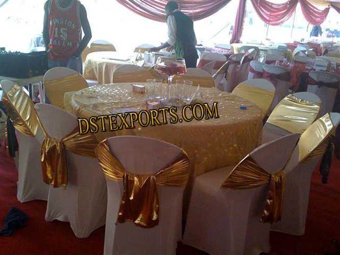 WEDDING CHAIR COVERS WITH GOLDEN SASHAS