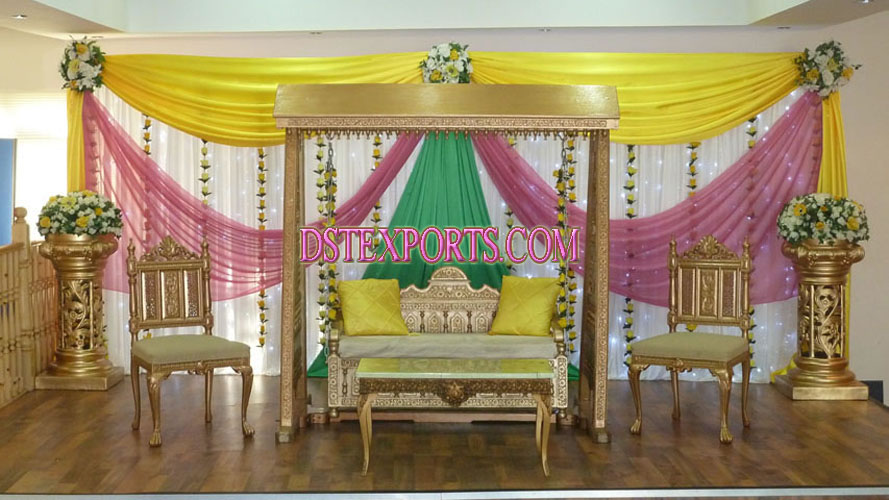 ASIAN WEDDING STAGE WITH GOLDEN SWING