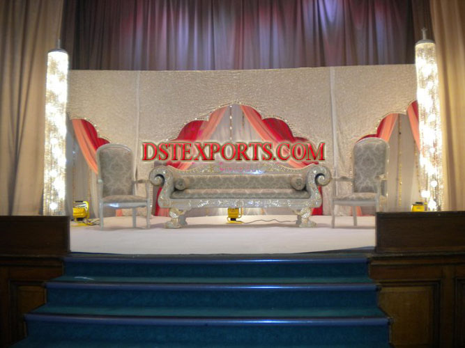 ASIAN WEDDING SILVER STAGE WITH CRYSTAL PILLARS