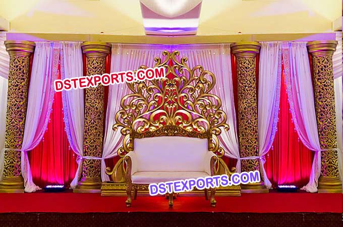 Indian Wedding Golden Carved Pillars Stage