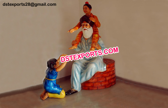 Punjabi Old Man with Fiber Kids Statue