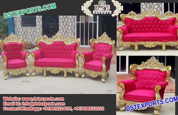 Asian Pink Metal Carved Stage Sofa Set
