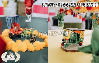 Desi Style Table Decor With Wooden Rickshaw